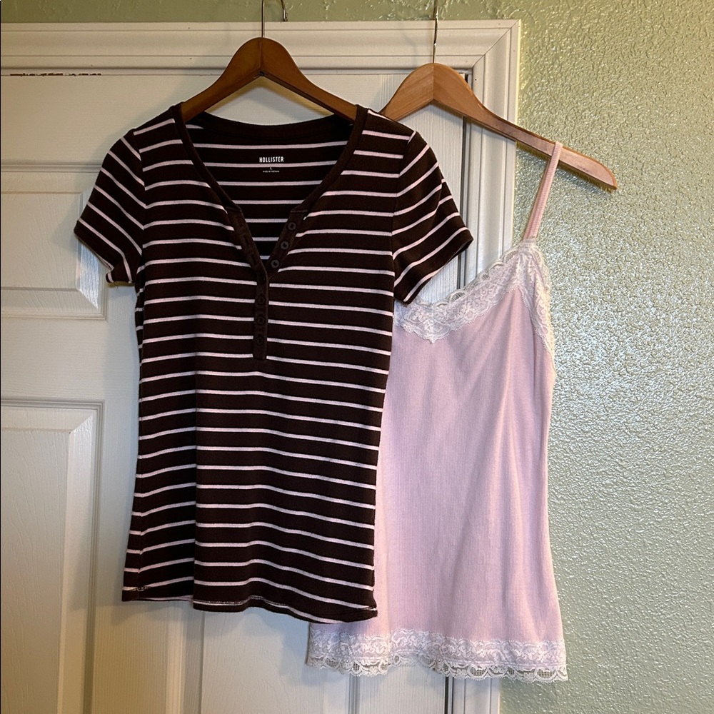 Hollister Set of 2 - Brown & Pink Striped Henley Tee and Pink & White Lace Cami